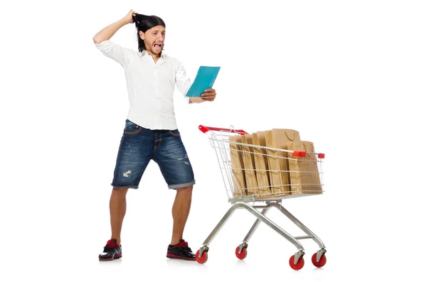 Uomo shopping con carrello supermercato isolato su bianco — Foto Stock