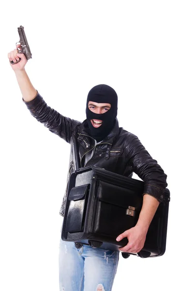 Robber with stolen suitcase and gun — Stock Photo, Image