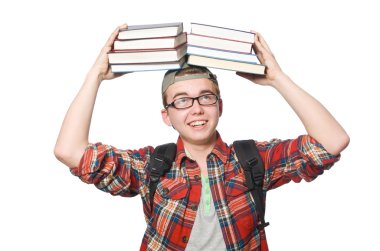 Bir yığın kitabı olan komik öğrenci.