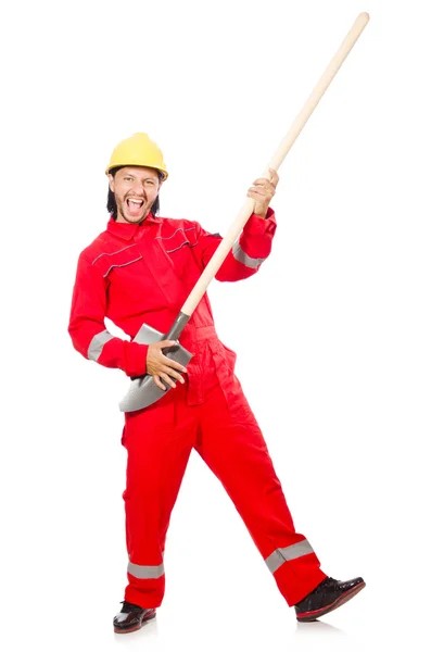 Man in red coveralls with spade — Stock Photo, Image