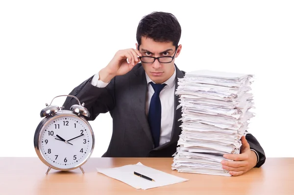 Busy man with stack of papers isolated on white — Stock Photo, Image