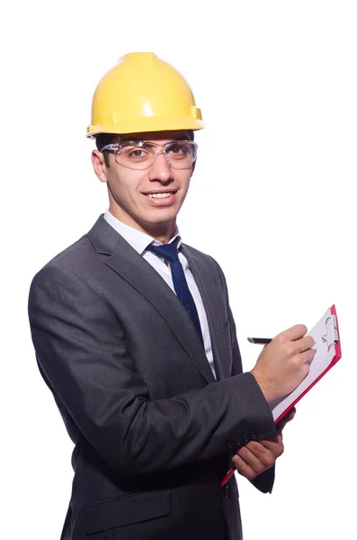 Homem usando chapéu duro isolado no branco — Fotografia de Stock