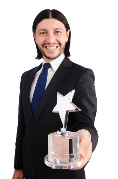 Empresario con premio estrella aislado en blanco — Foto de Stock