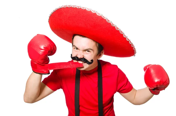 Mexicano engraçado com luvas de boxer isolado no branco — Fotografia de Stock
