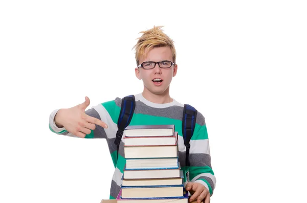 Grappige student met stapel boeken — Stockfoto