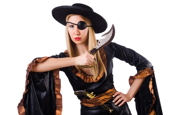 Vrouw in piratenkostuum geïsoleerd op wit — Stockfoto