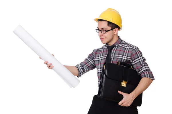 Funny man with blueprints on white — Stock Photo, Image