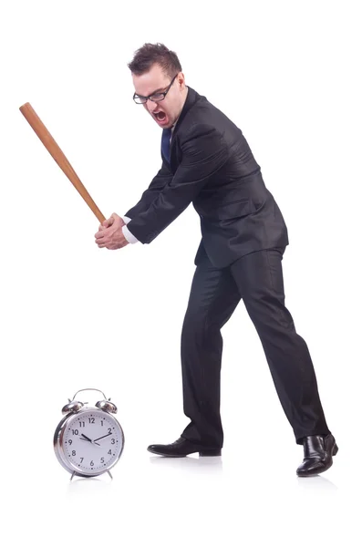 Saatin üzerinde beyaz izole beysbol sopası ile isabet adam — Stok fotoğraf