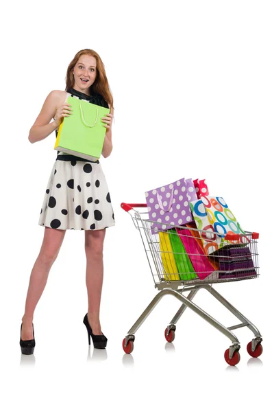Kvinna efter shopping i snabbköpet isolerad på vit — Stockfoto