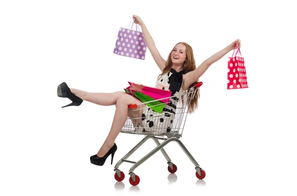 Femme après des achats dans le supermarché isolé sur blanc — Photo