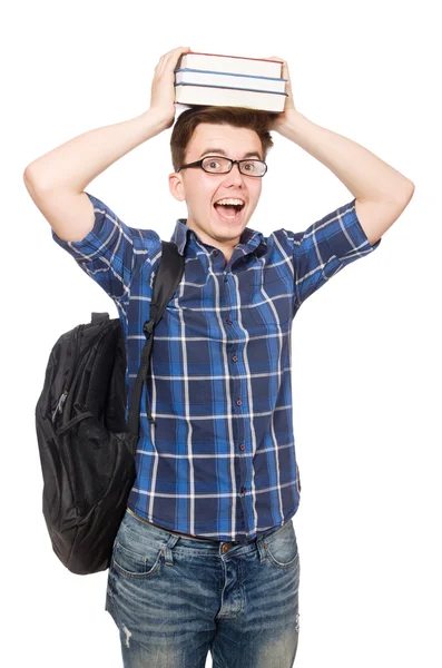 Studente divertente con pila di libri — Foto Stock