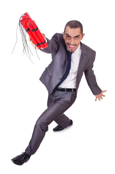 Homem com bastão de dinamite isolado em branco — Fotografia de Stock