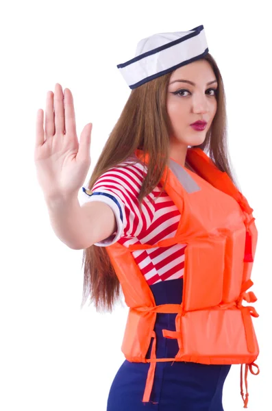 Woman with orange vest isolated on white — Stock Photo, Image