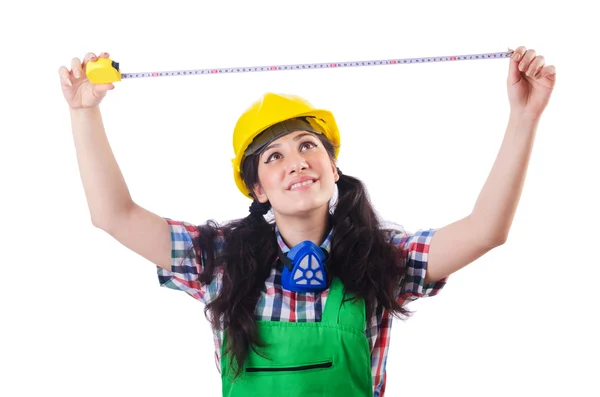 Mujer construcción trabajado medición distancia —  Fotos de Stock