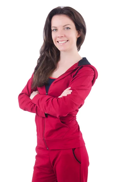 Woman in red costume doing exercises on white — Stock Photo, Image