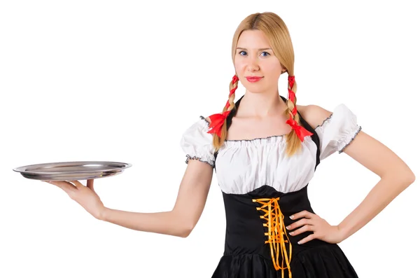 Young waitress with tray on white — Stock Photo, Image