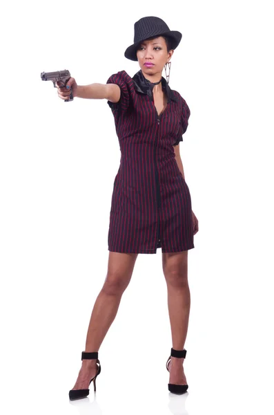 Femme gangster avec pistolet isolé sur blanc — Photo