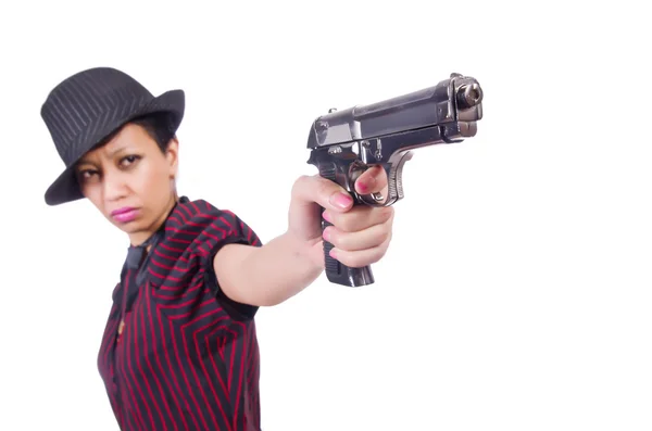 Gangster donna con pistola isolata su bianco — Foto Stock