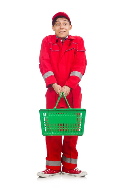 Man in red coveralls with shopping supermarket cart trolley — Stock Photo, Image