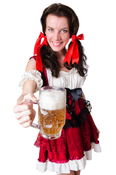 Young waitress with tray on white