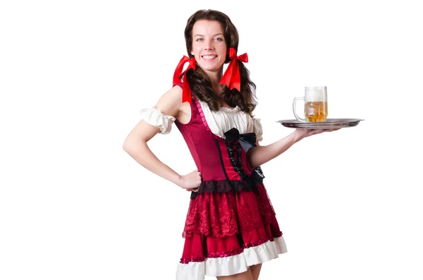Young waitress with tray on white — Stock Photo, Image