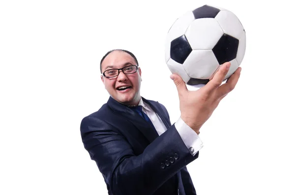 Homme drôle avec football isolé sur blanc — Photo