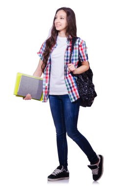 Kitapları olan genç bir öğrenci beyazlara izole edilmiş.