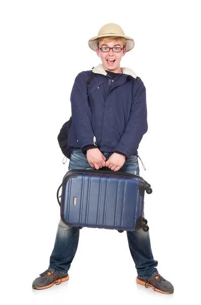 Funny man with luggage wearing safari hat — Stock Photo, Image