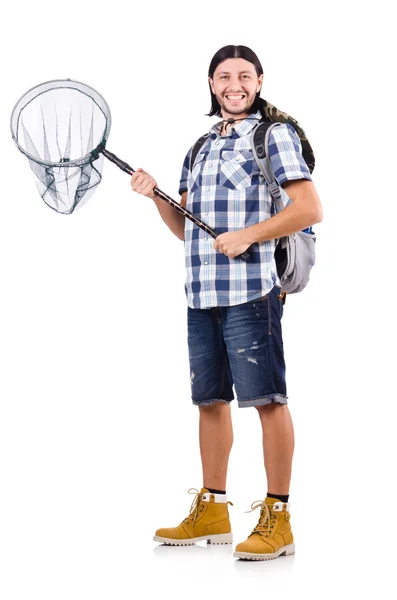 Hombre con red de captura aislado en blanco —  Fotos de Stock