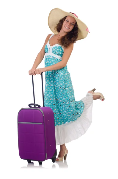 Femme voyageur avec valise isolée sur blanc — Photo