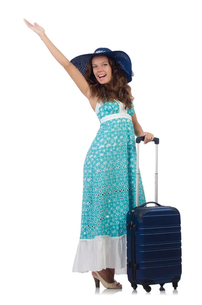 Femme voyageur avec valise isolée sur blanc — Photo