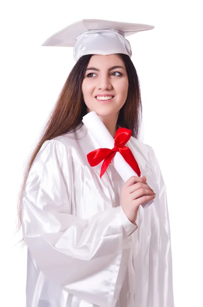 Absolvent dívka s diplomem izolované na bílém — Stock fotografie