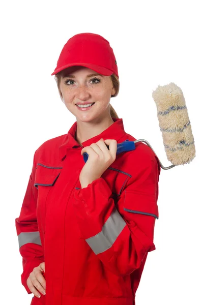 Woman painter in red coveralls isolated on the white — Stock Photo, Image