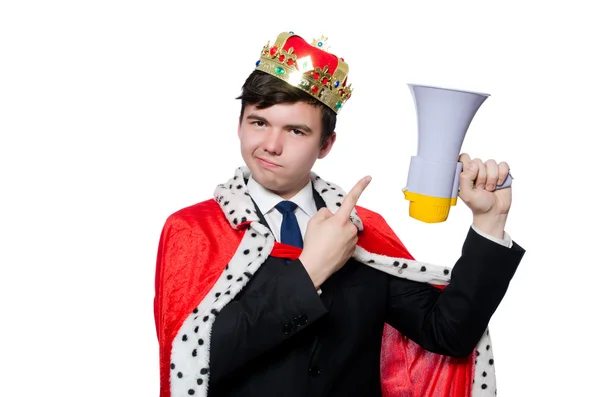 Homme avec couronne et mégaphone isolé sur blanc — Photo