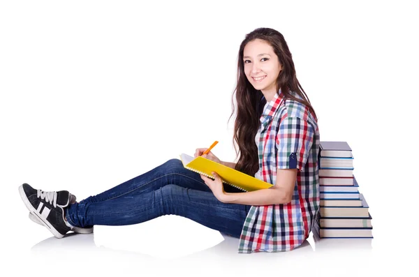 Junge Studentin mit Büchern auf der weißen Seite — Stockfoto