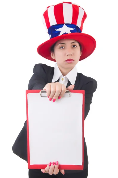 Woman in american hat with blank page on white — Stock Photo, Image