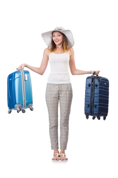 Γυναίκα ταξιδιώτη με βαλίτσα απομονωμένη σε λευκό — Φωτογραφία Αρχείου