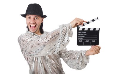 Film alkışları ve şapkası olan adam.