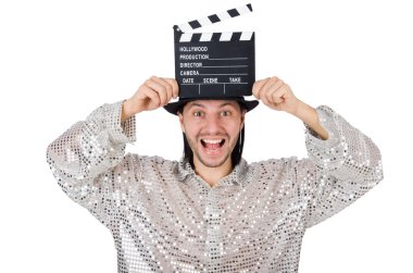 Film alkışları ve şapkası olan adam.