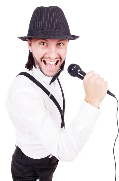 Lustiger Mann, der isoliert auf dem weißen singt — Stockfoto