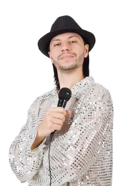 Człowiek z mikrofonem na białym — Zdjęcie stockowe