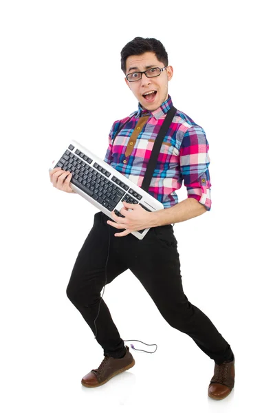 Computer nerd met toetsenbord geïsoleerd op wit — Stockfoto