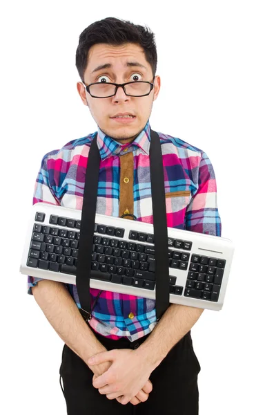 Computer nerd met toetsenbord geïsoleerd op wit — Stockfoto