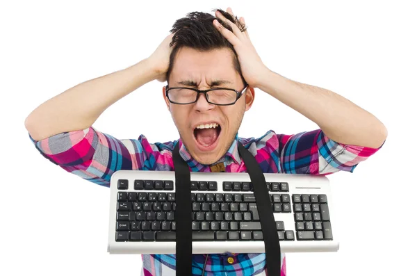 Nerd de computador com teclado isolado em branco — Fotografia de Stock