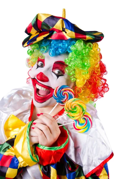 Clown con lecca lecca isolato su bianco — Foto Stock