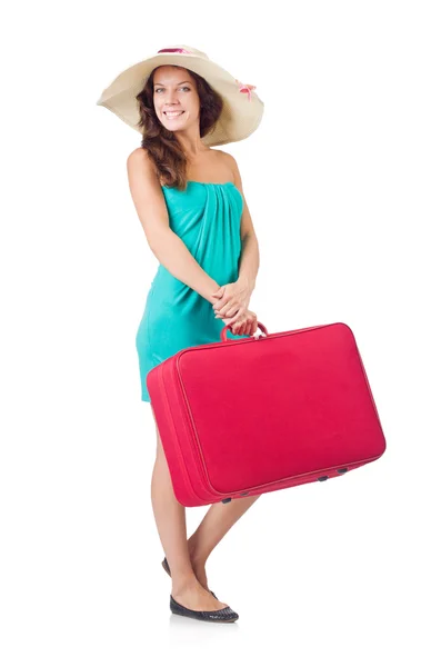 Femme voyageur avec valise isolée sur blanc — Photo