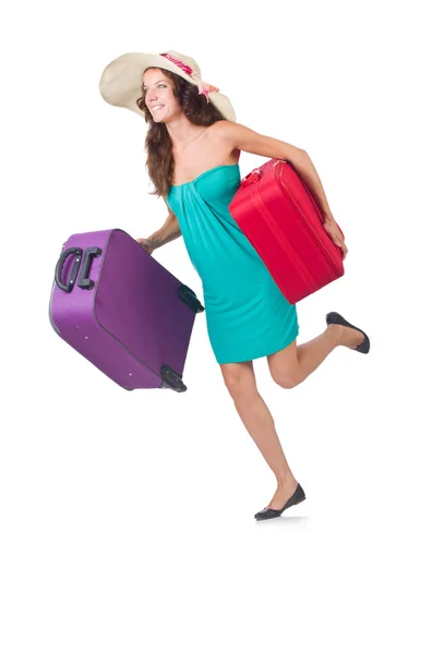 Femme voyageur avec valise isolée sur blanc — Photo