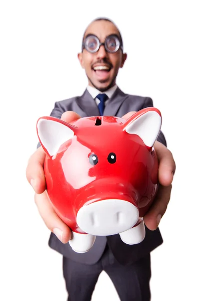 Homem engraçado com piggybank em branco — Fotografia de Stock