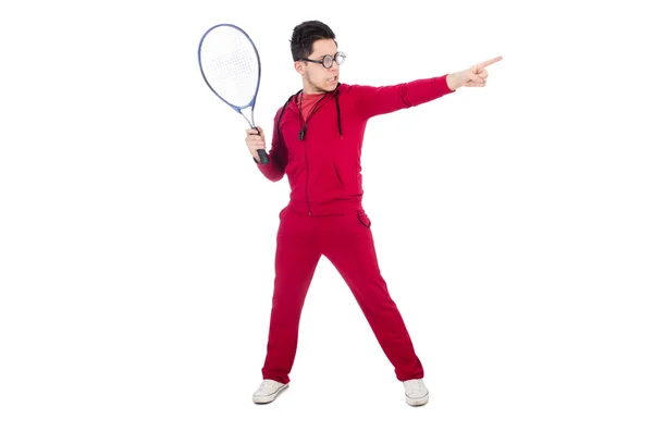 Grappige tennisspeler geïsoleerd op wit — Stockfoto