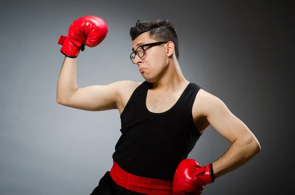 Boxer engraçado com luvas vermelhas contra fundo escuro — Fotografia de Stock